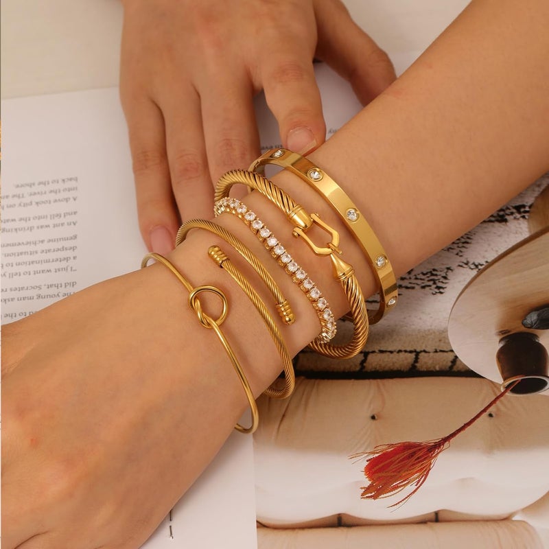 FAFUGA 18 K Gold Plated Love Bangle Bracelet Stack Cuff Jewelry for Women Jewelry Set for Women Gift with Box - Image 3